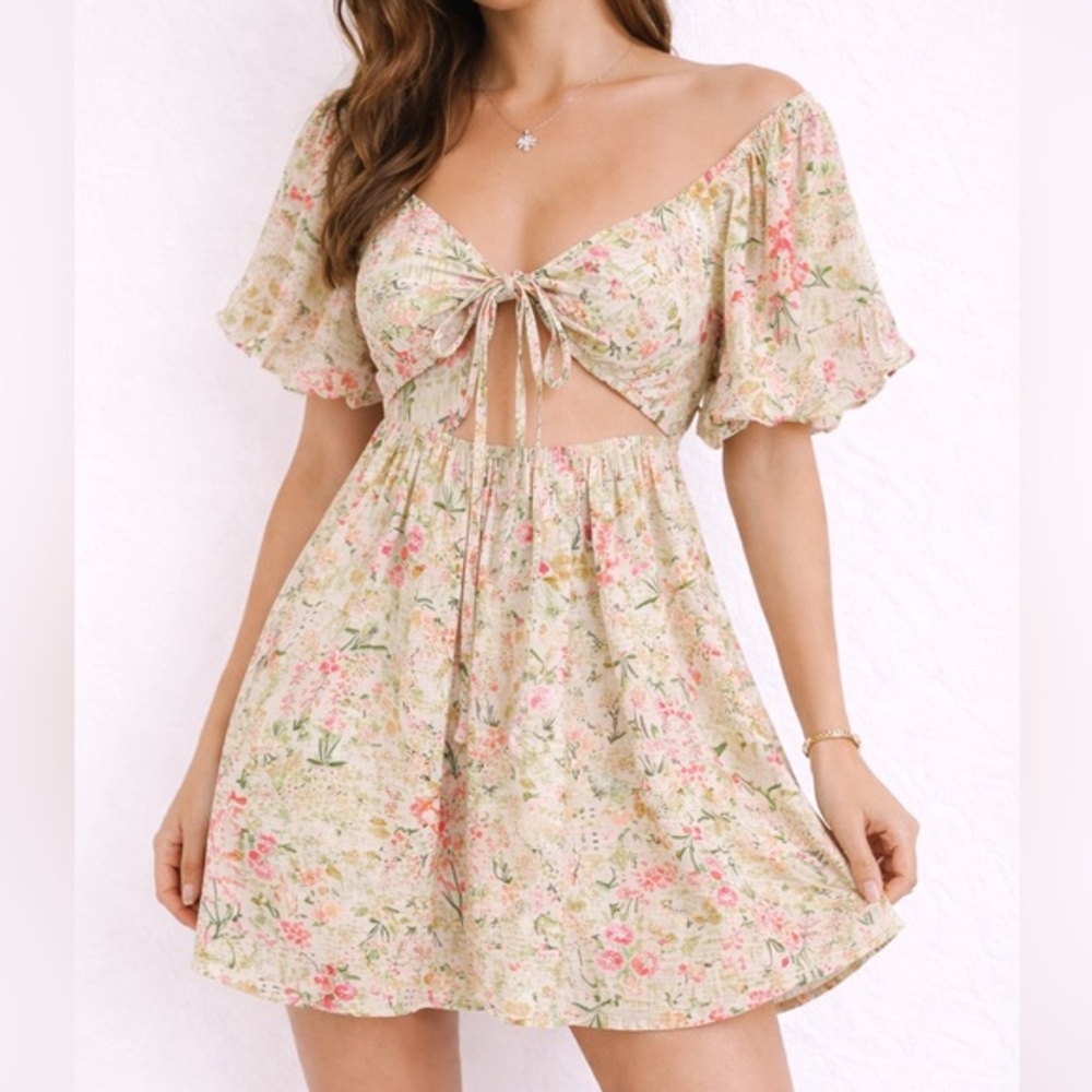Meet Me in Santorini Floral Cutout‎ Tie Front Mini Dress L Resort